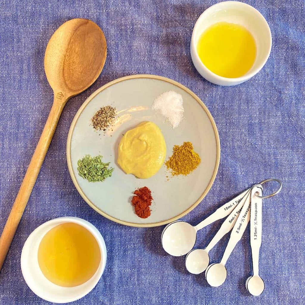 spread of measured honey mustard chicken sauce ingredients