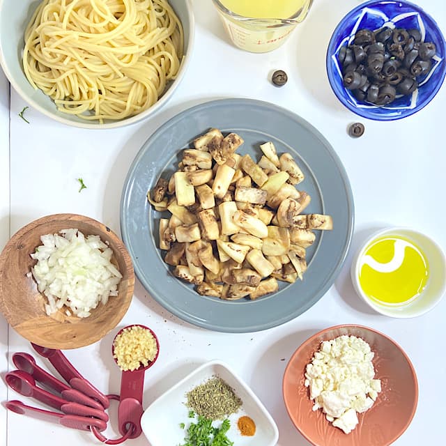 spread of eggplant pasta ingredients