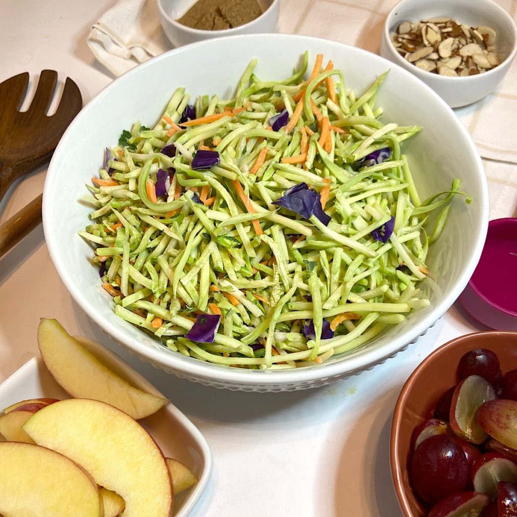 spread of measured ingredients for broccoli slaw recipe