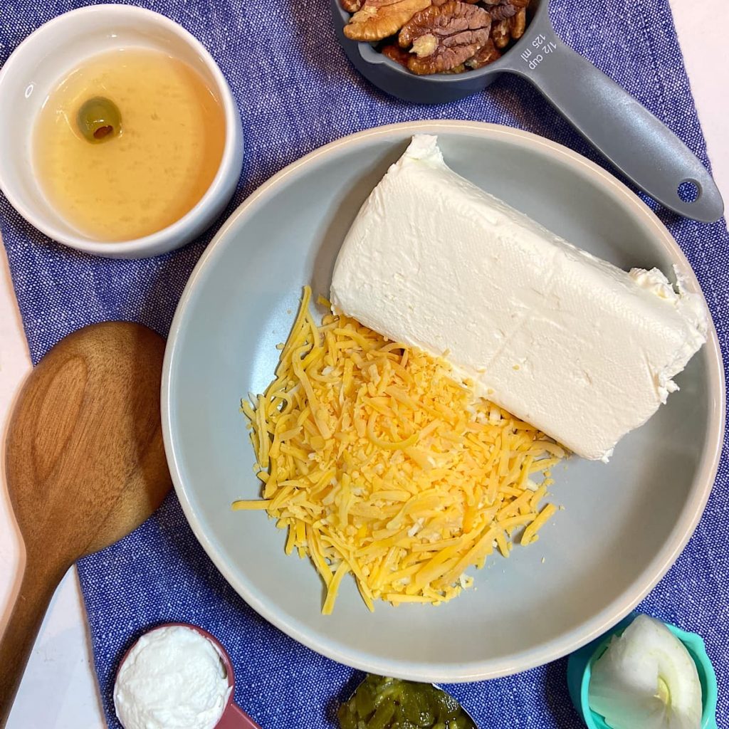Spread of measured cheese ball ingredients.