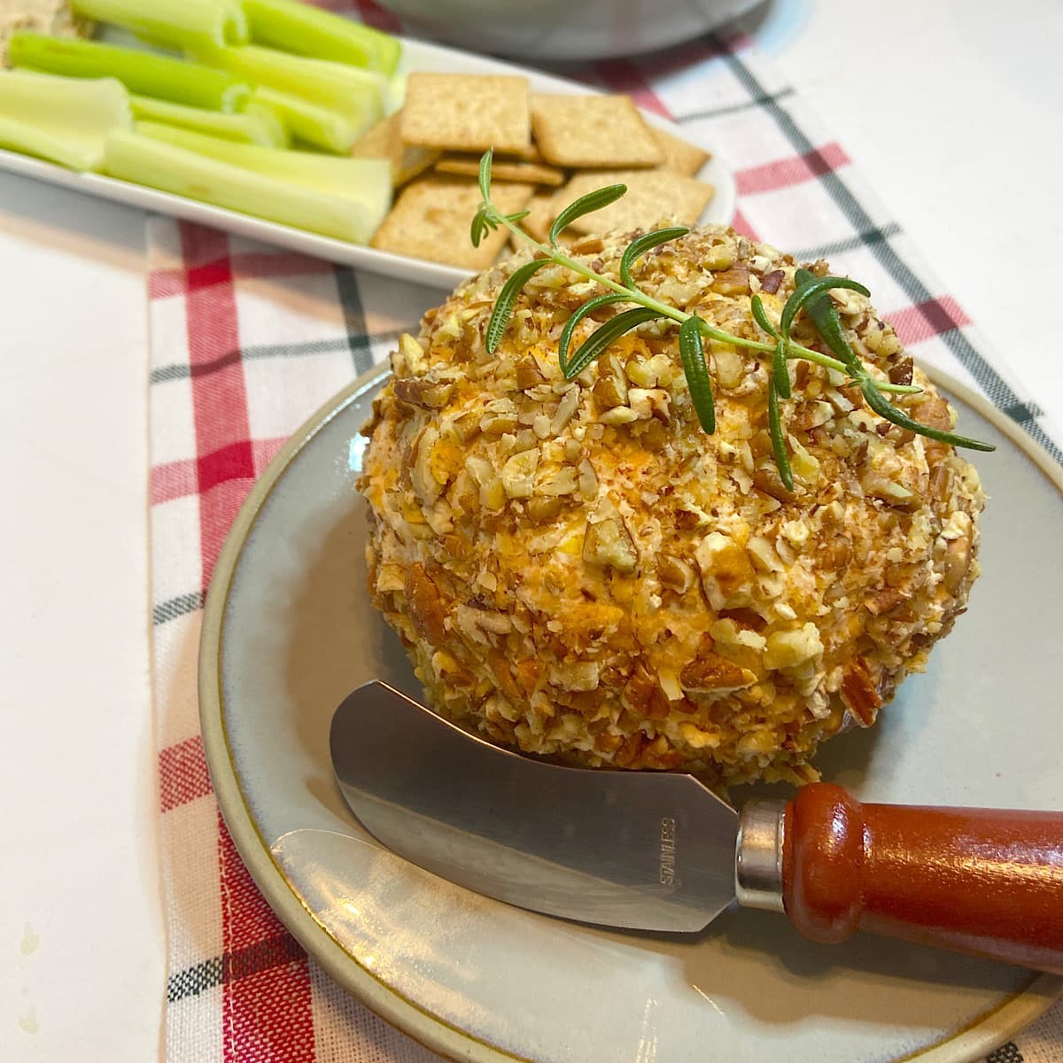 healthy cheeseball appetizer on plate with crackers and celery