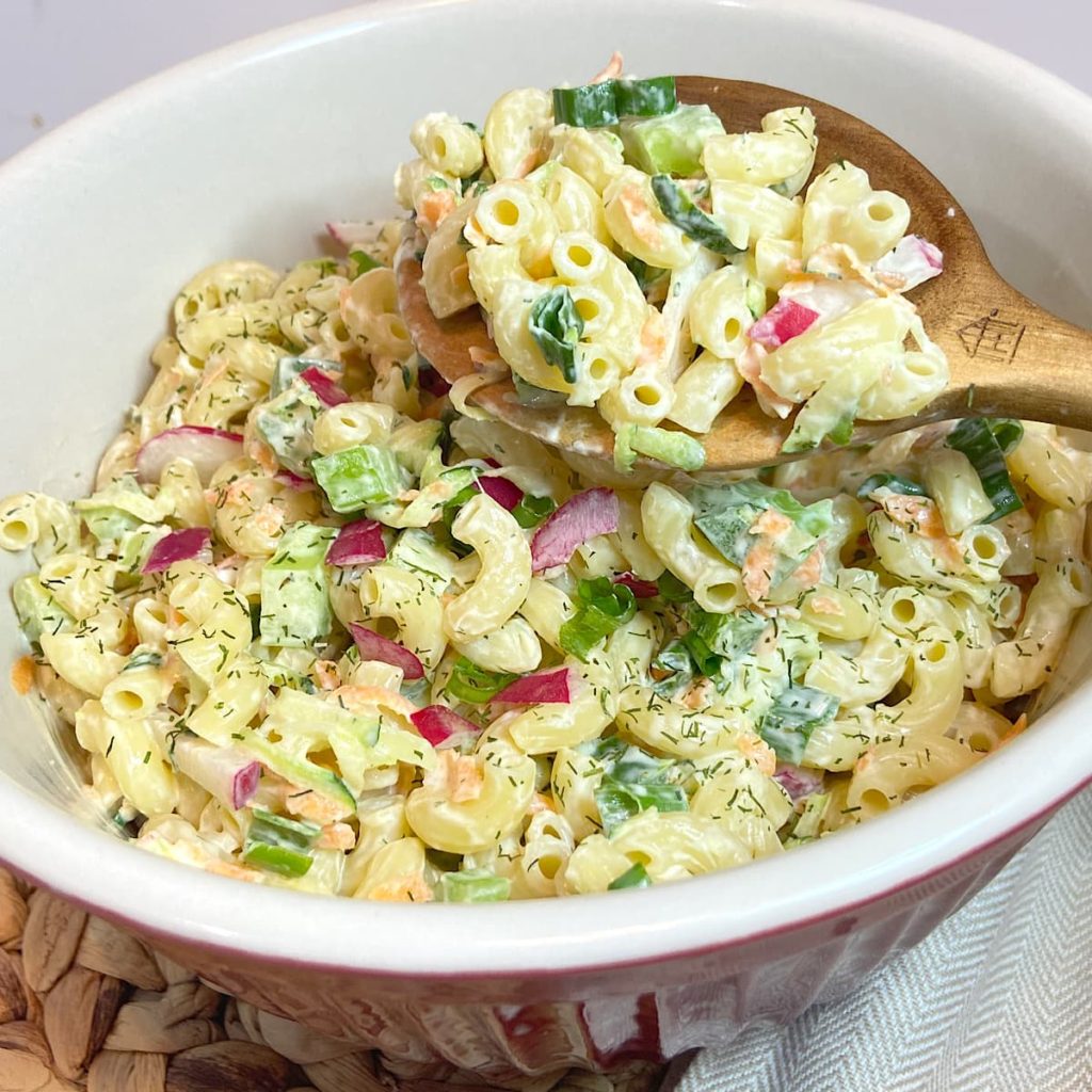 creamy vegetable pasta salad ready to eat