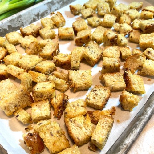 homemade croutons on baking tray