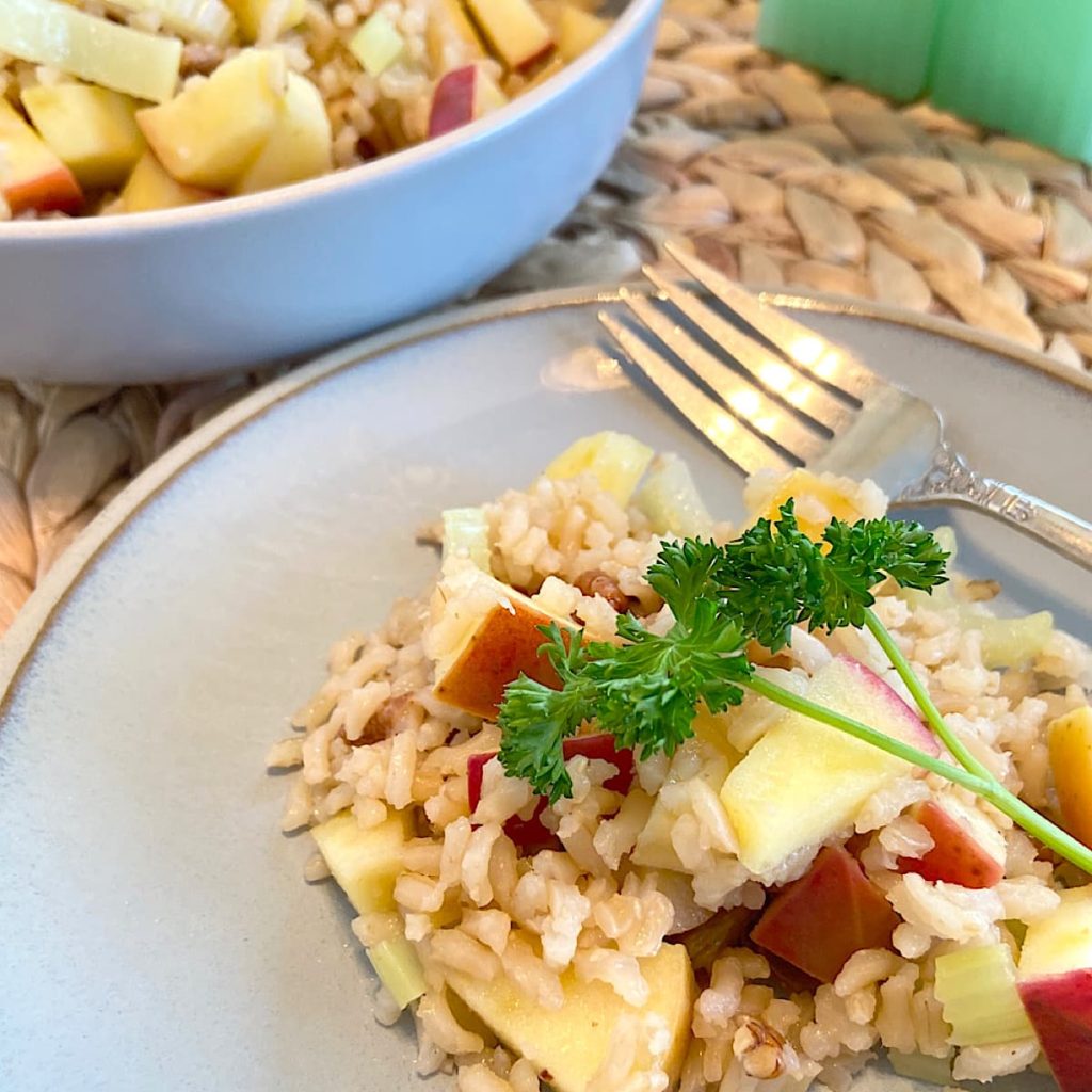 apple rice pilaf recipe on plate ready to serve
