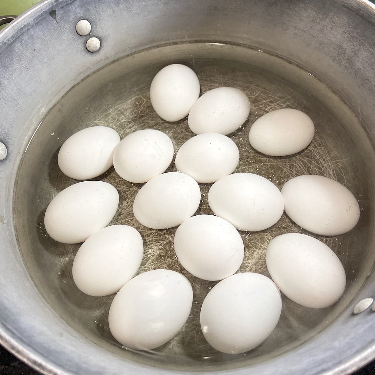 Pan with a single layer of eggs covered in water. 