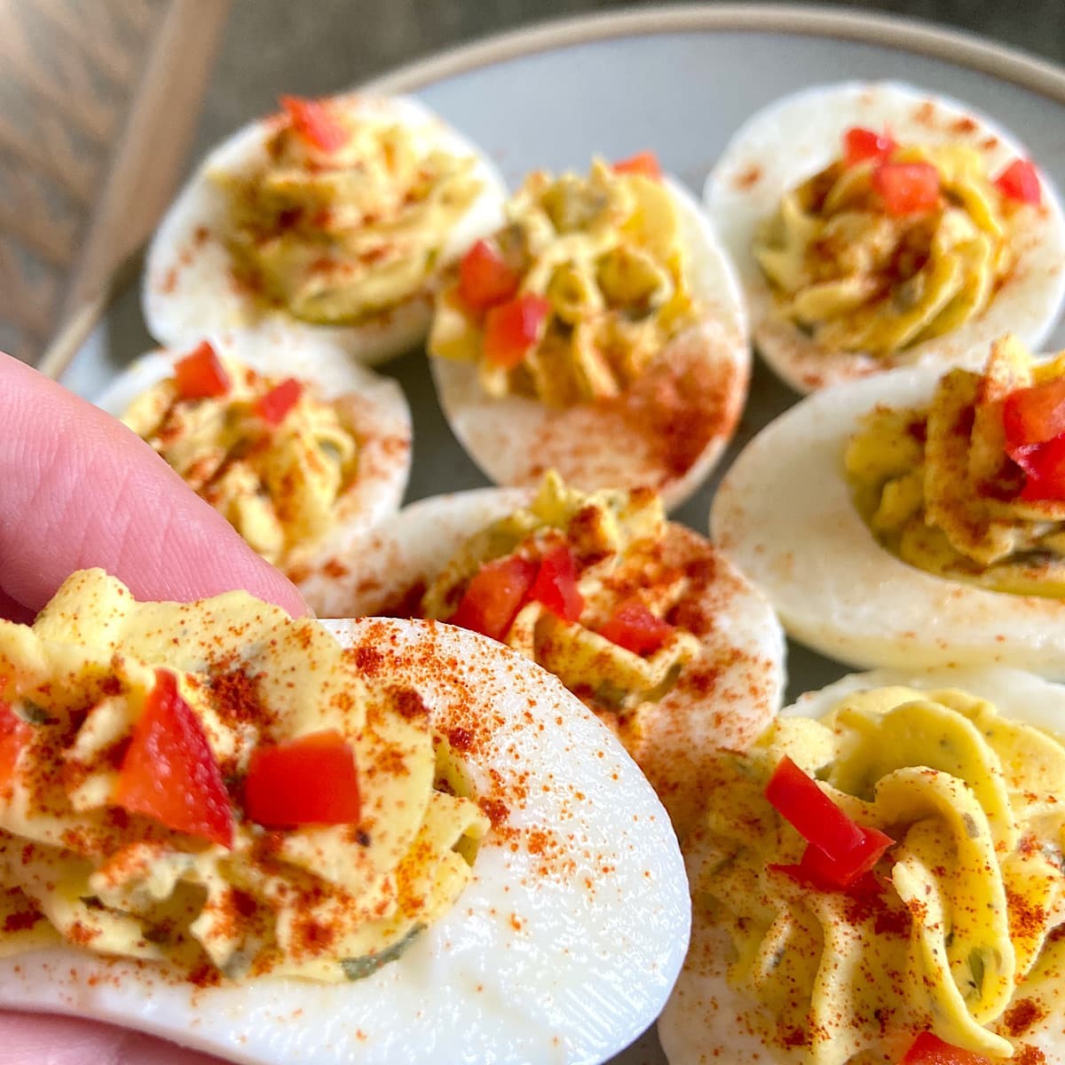 close up of mediterranean deviled eggs.