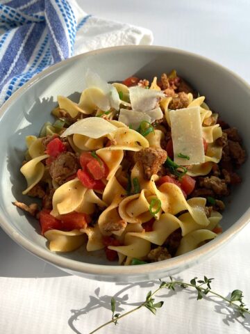 easy goulash with turkey and egg noodles in bowl