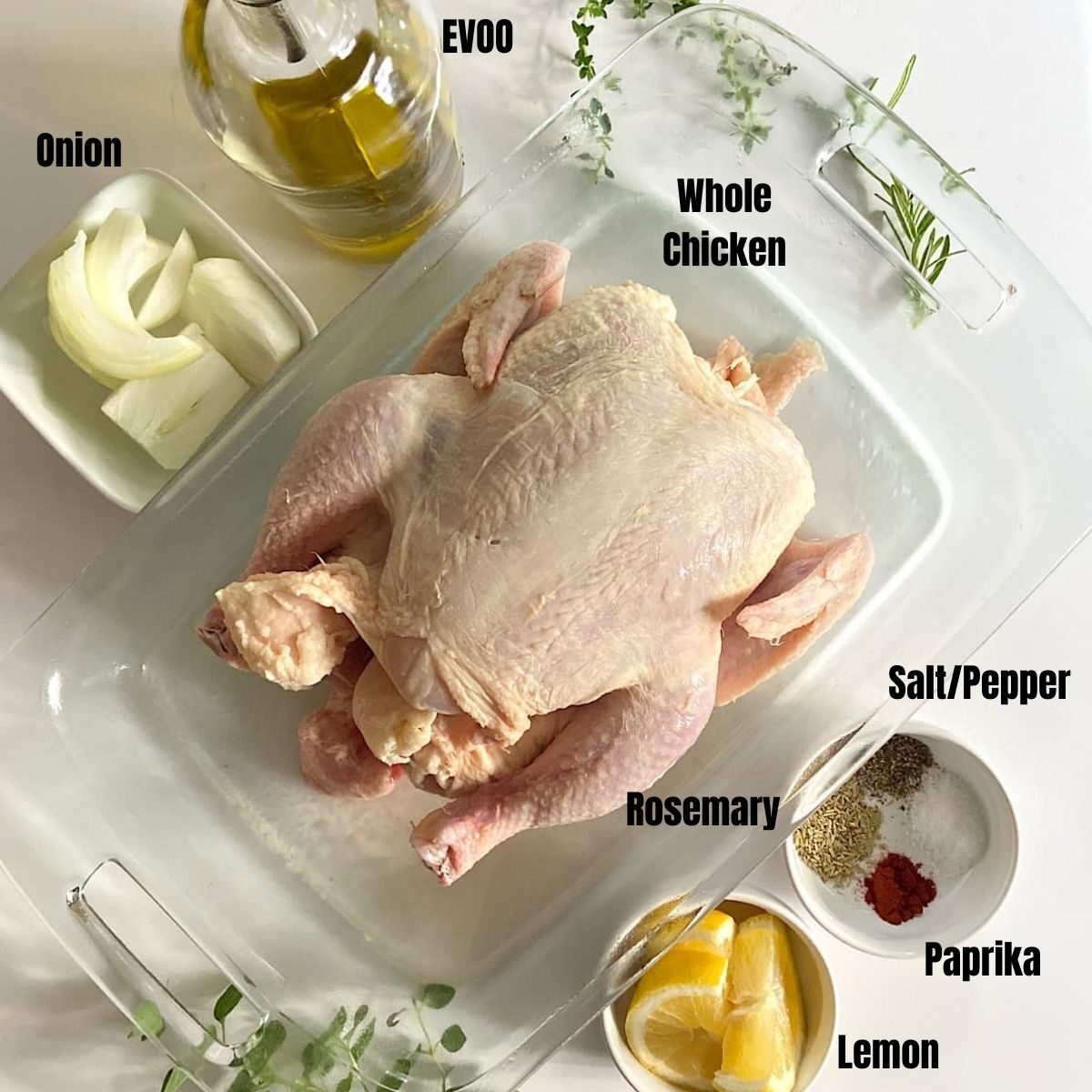 measure roasted chicken ingredients including olive oil, onion, lemon, salt, pepper, paprika, and rosemary.