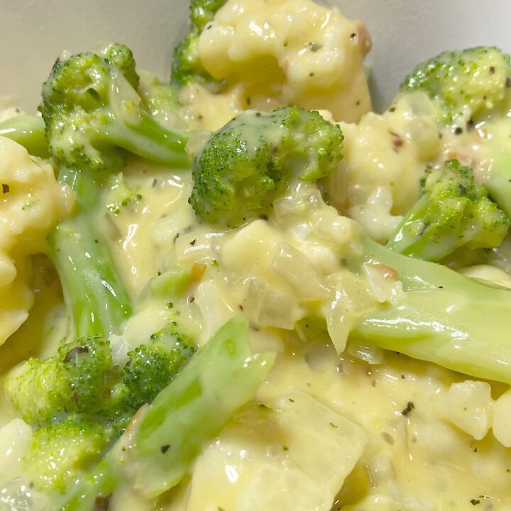 cauliflower and broccoli in cheese sauce