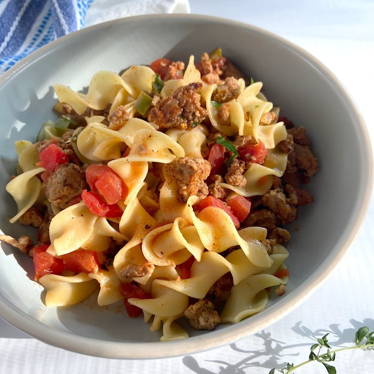 bowl of easy goulash with ground turkey and egg noodles