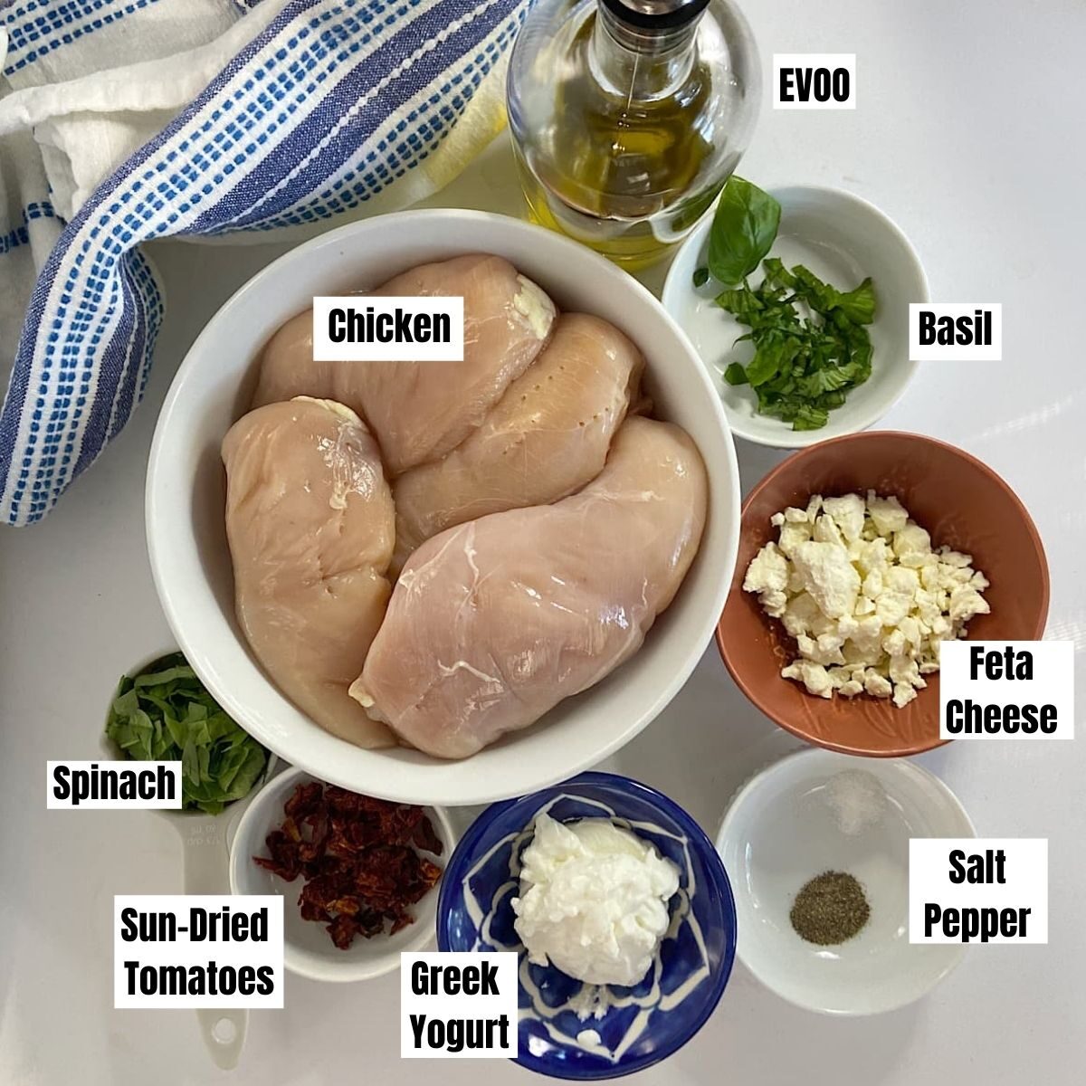 measured ingredients for feta stuffed chicken.