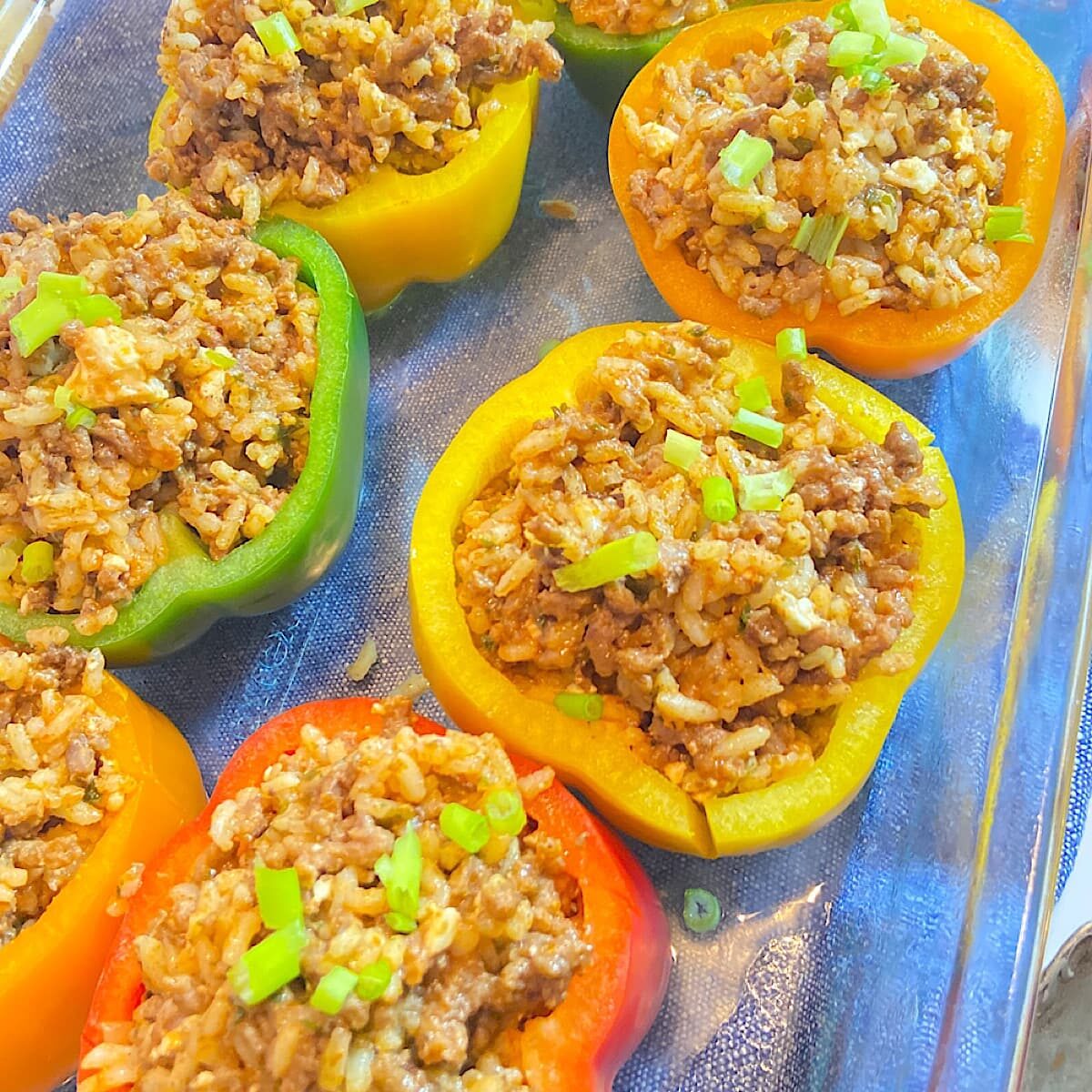 Stuffed bell peppers ready to bake.