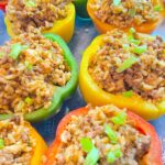 colorful bell peppers stuffed with turkey and brown rice