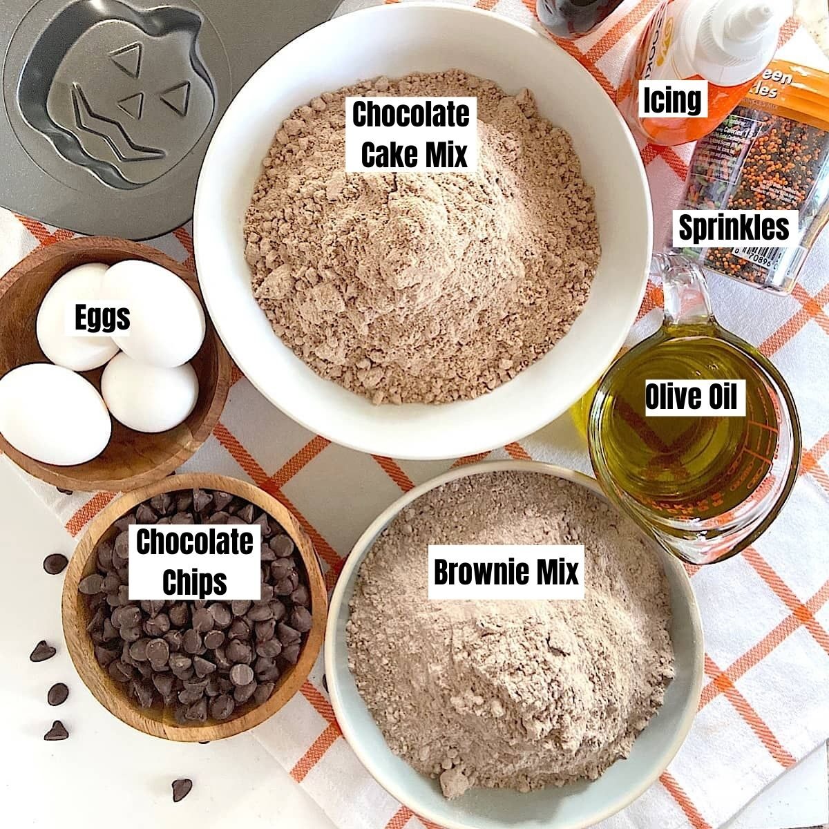 measured ingredients for halloween brownies.