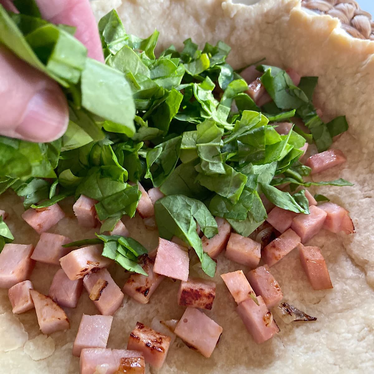 Picture of chopped spinach added to ham in baked pie crust.