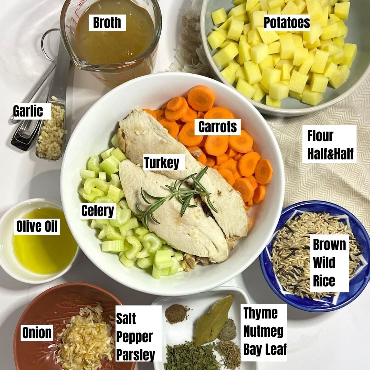 measured ingredients for turkey wild rice soup