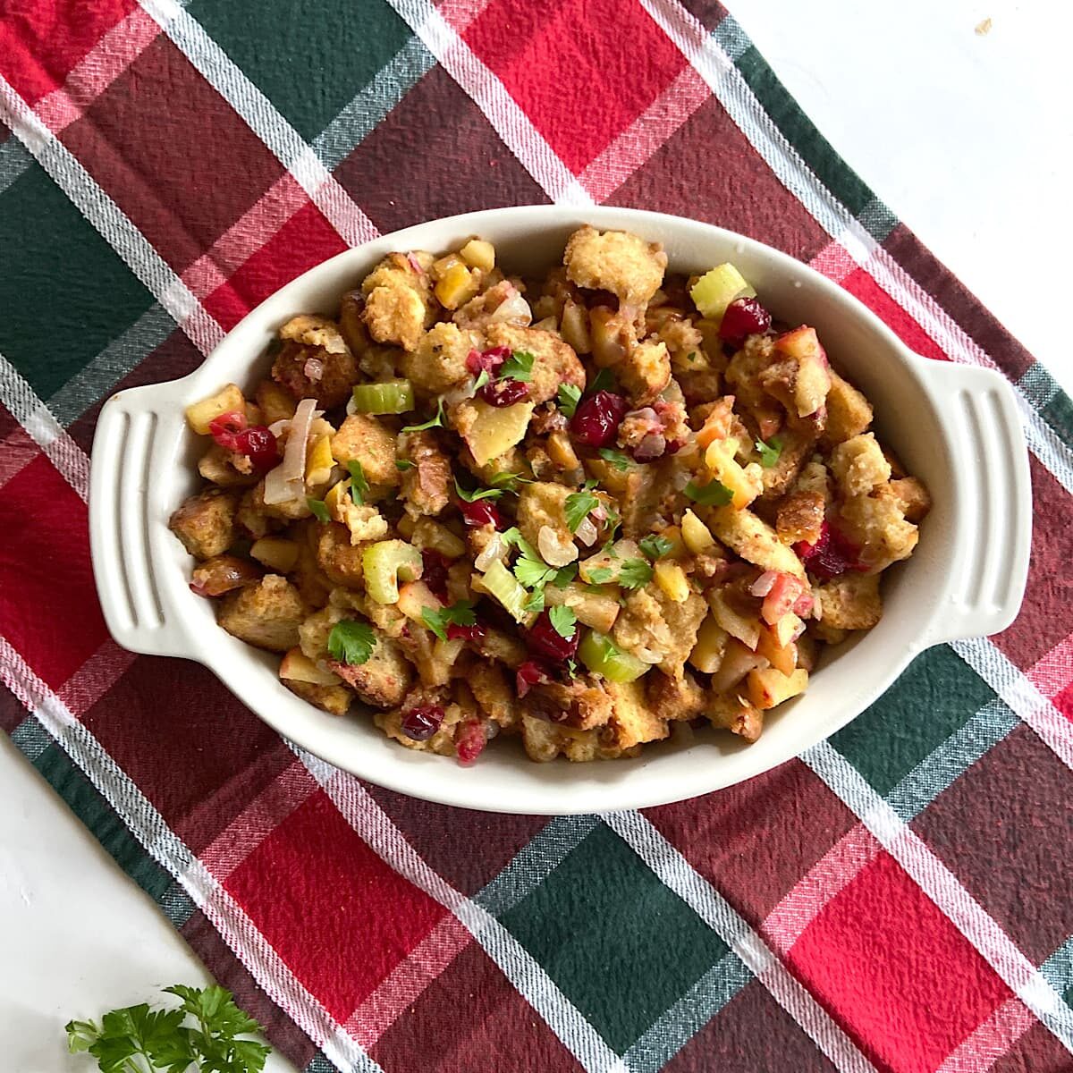 prepared apple cranberry stuffing.