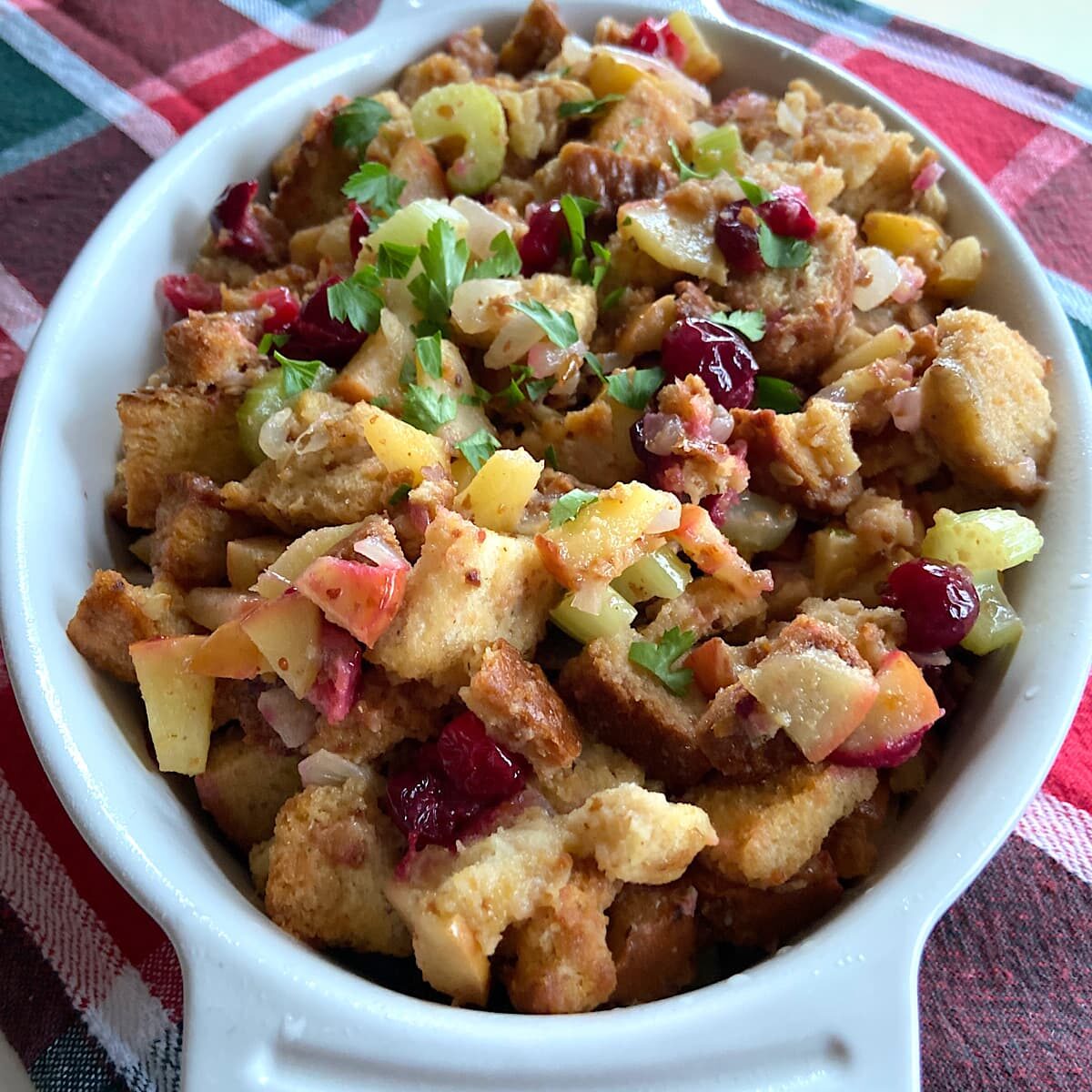 Pan of apple cranberry stuffing.