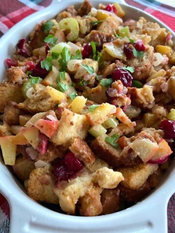 dish of apple and cranberry stuffing