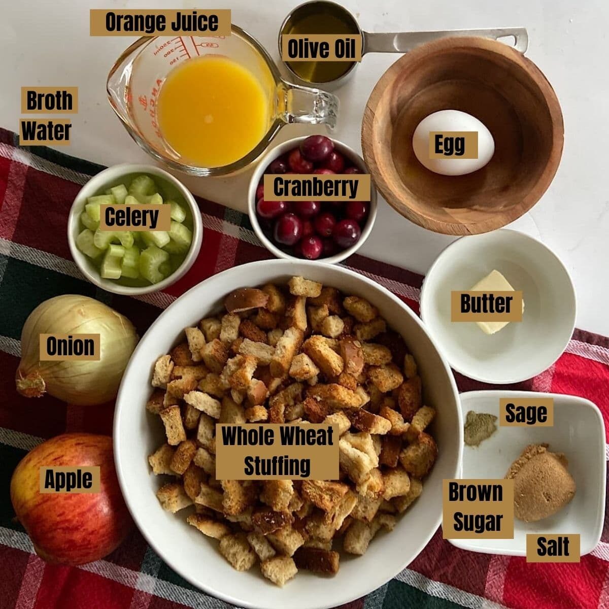 Spread of measured ingredients for cranberry stuffing.