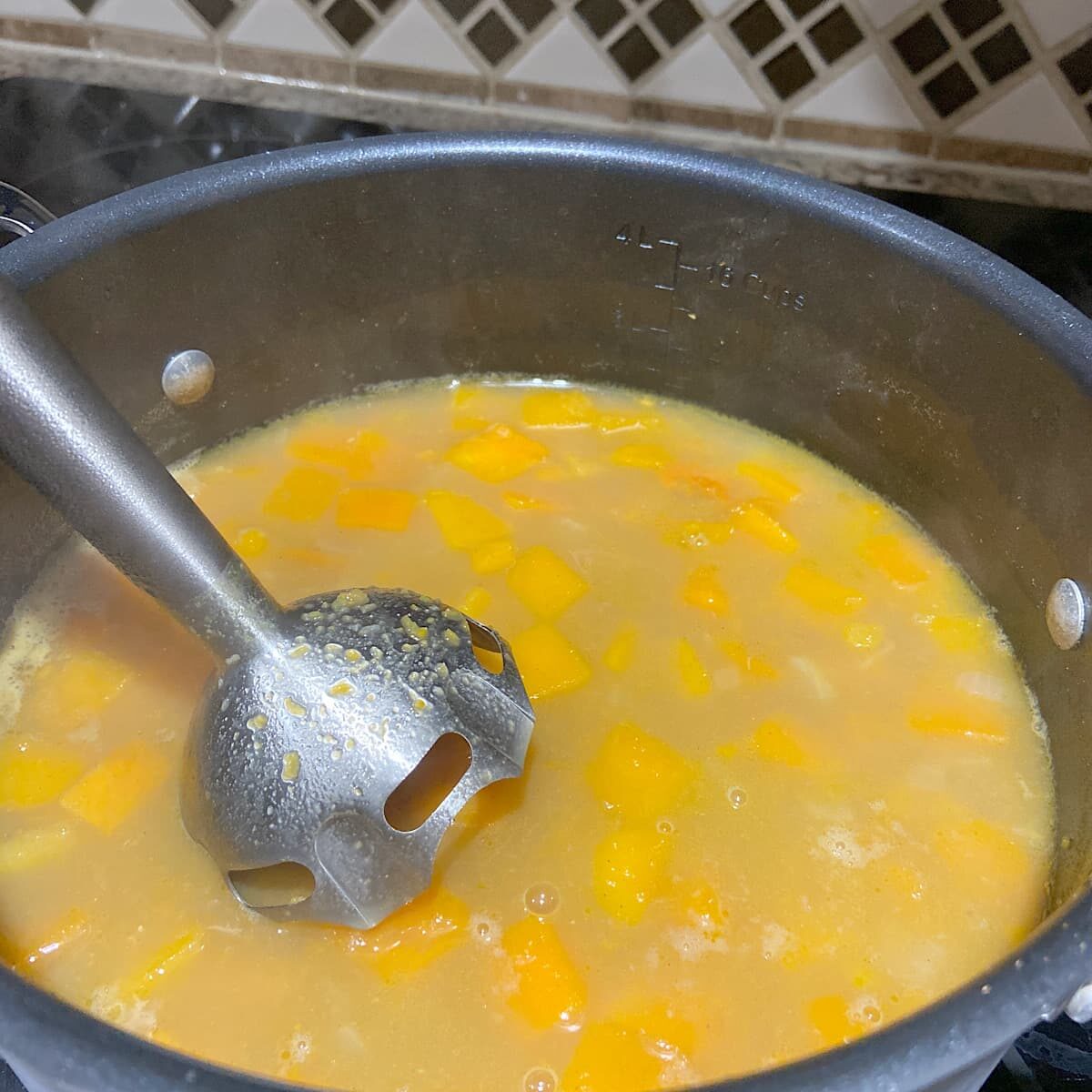 picture of cooked soup and immersion blender 