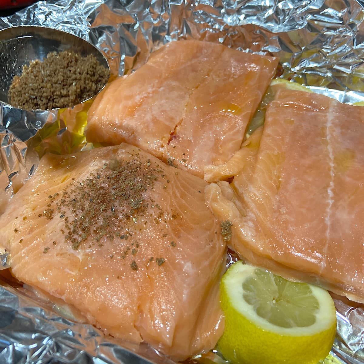 sprinkle salmon with spice mix.