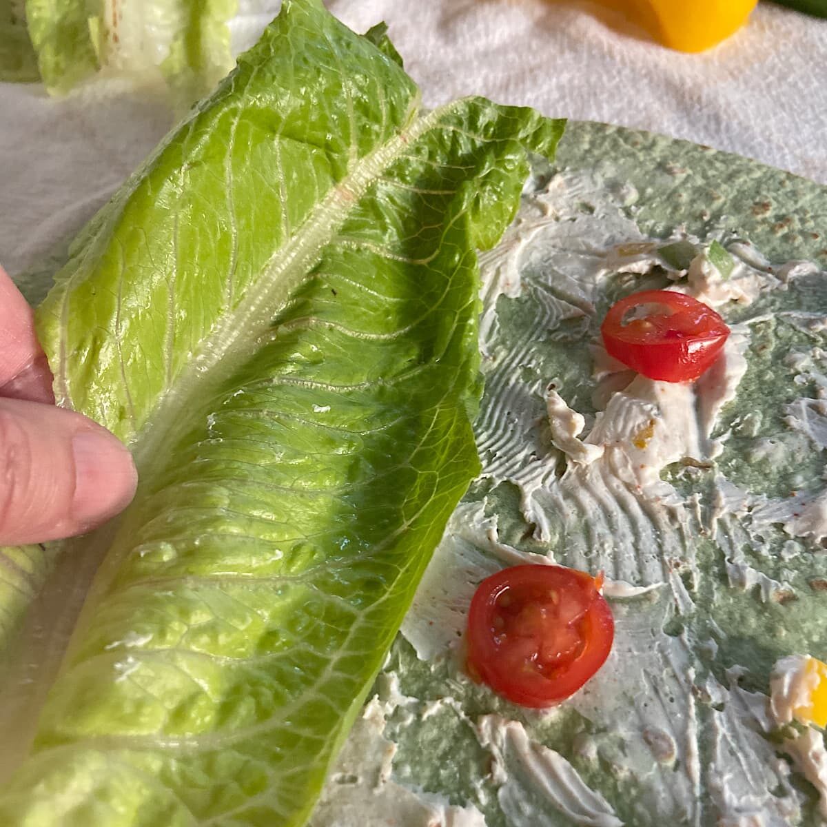 place lettuce leaves over cream cheese mixture.
