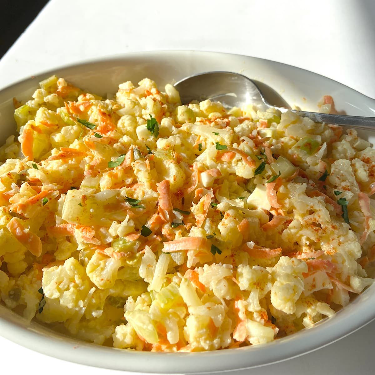 serving dish of cauliflower potato salad
