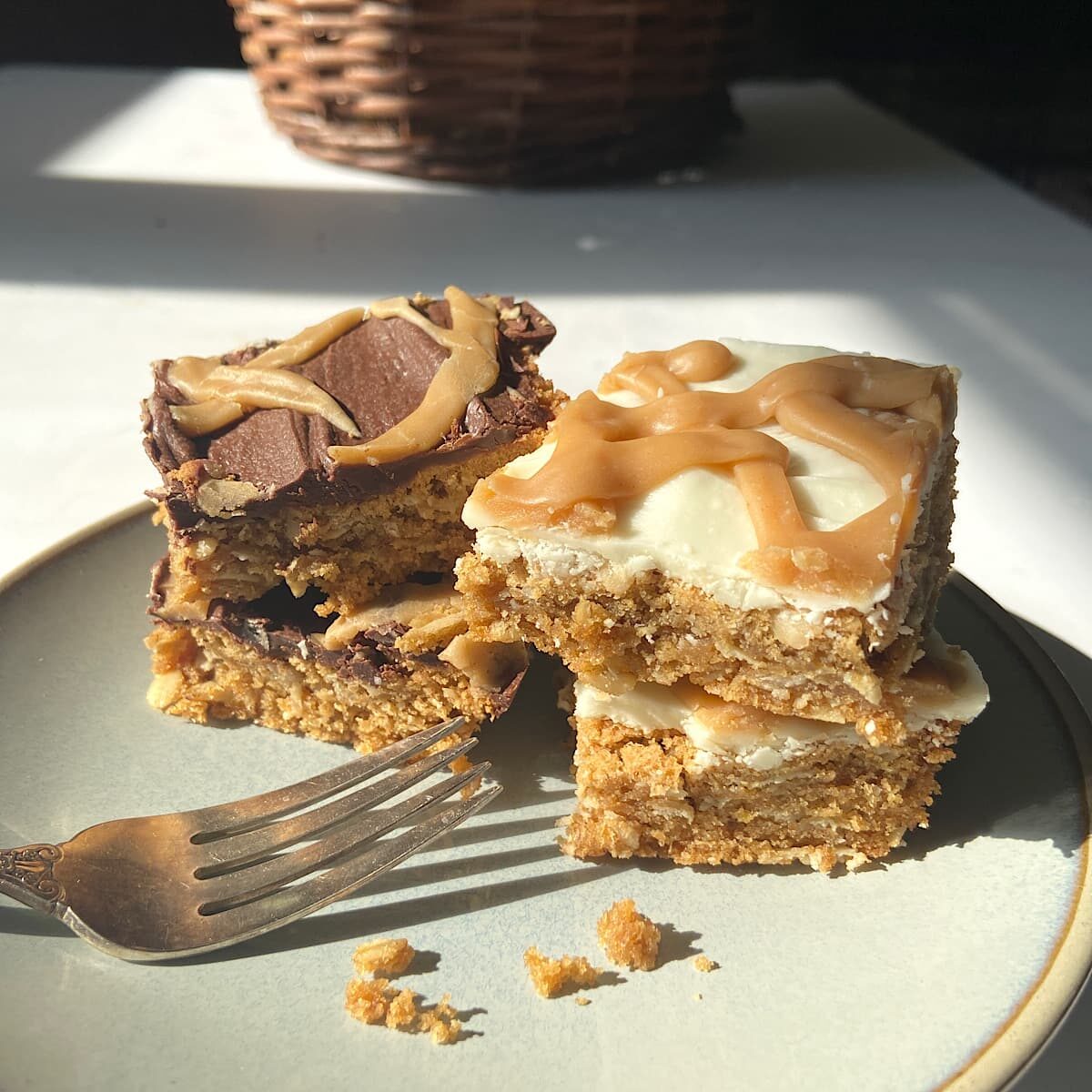 Peanut butter squares on a plate.
