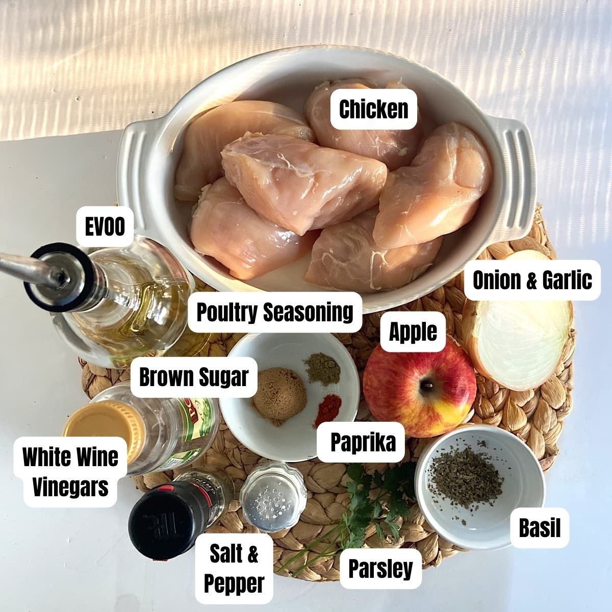 Measured ingredients for chicken saute with apples and onions.