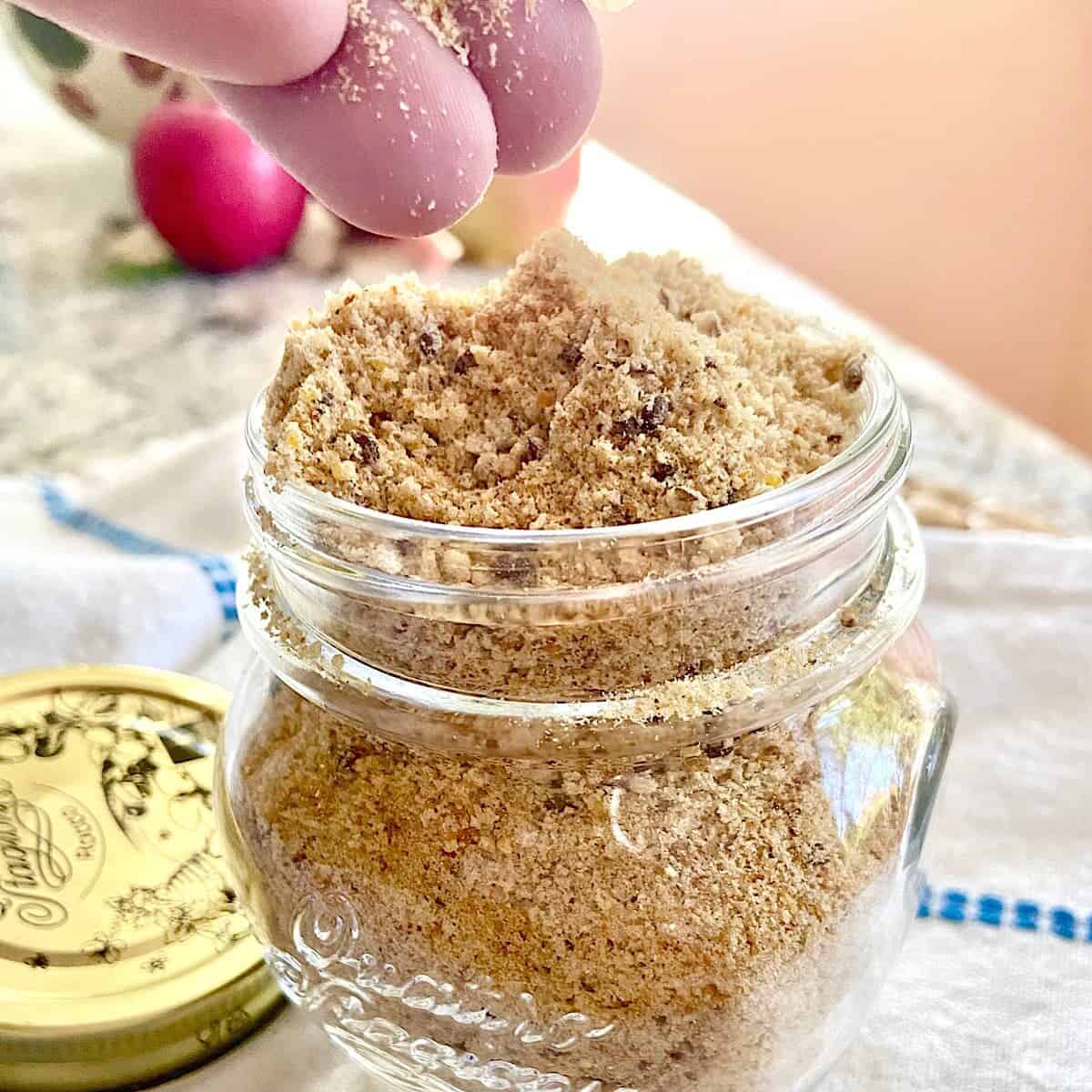 picture of whole grain bread cumbs in a jar.