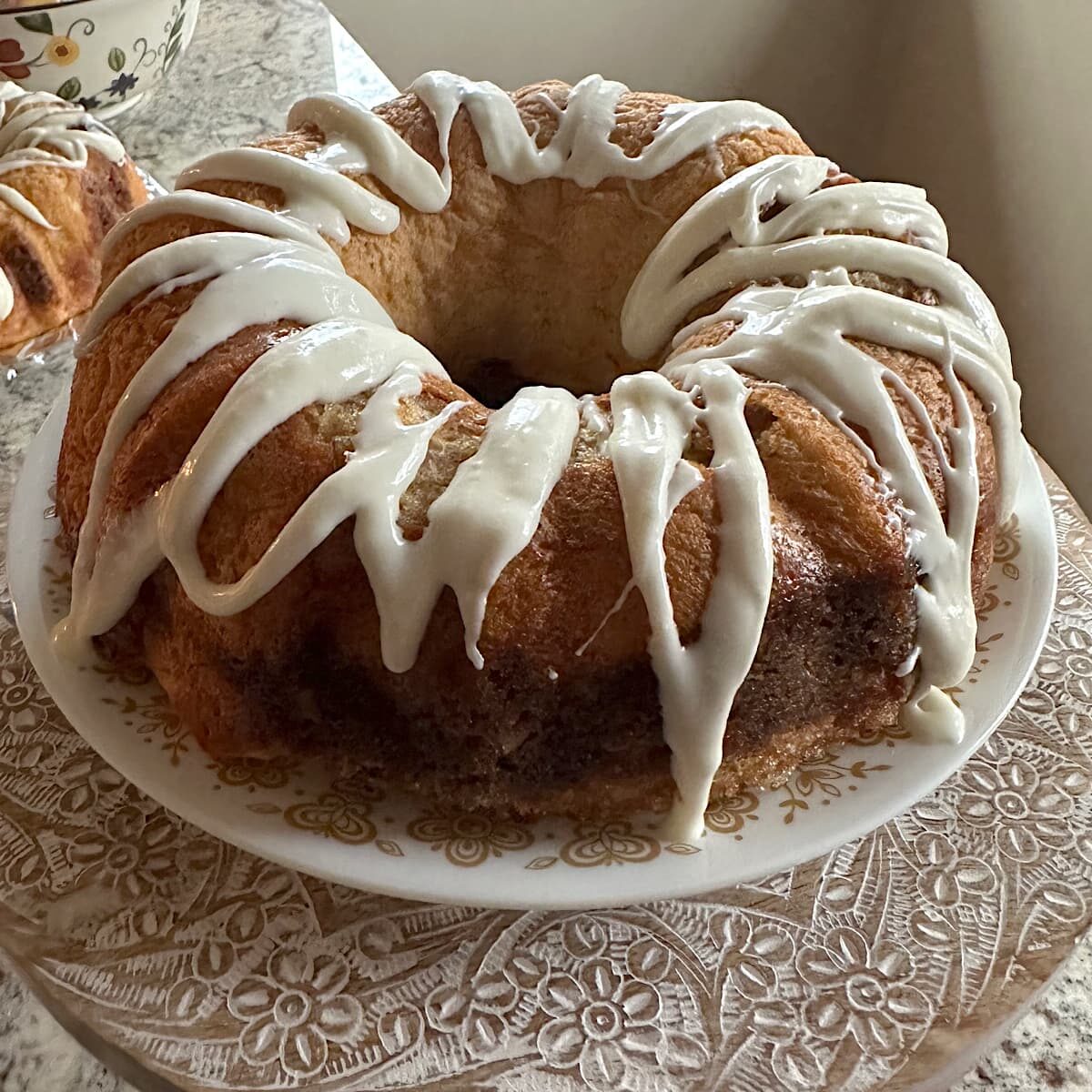 Picture of iced cinnamon roll bundt cake.