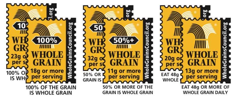 pixture of Whole Grain stamps used on store bought whole grain product labelling.